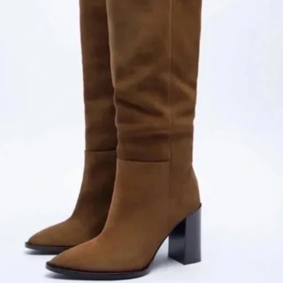 Zara Split Suede Heeled Boots Blogger’s Fav SZ 6 or 26 EU - Picture 2 of 11